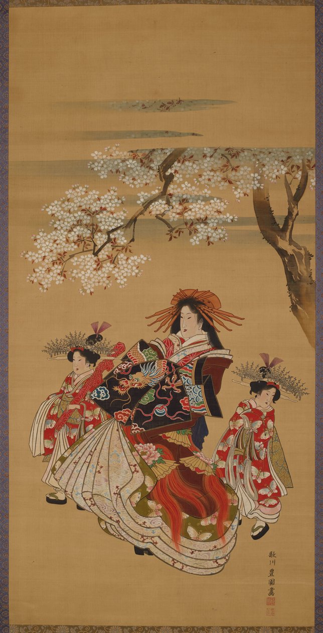 Kurtisane med to kamuro under kirsebærblomster av Utagawa Toyokuni