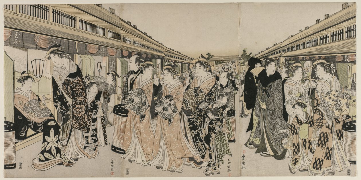 Kurtisaner som promenerer på Nakanochō av Utagawa Toyokuni