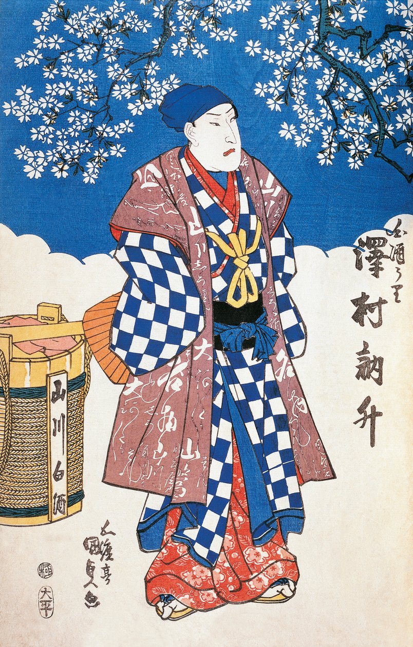 Japansk skuespiller i kimono og bakgrunn dekorert med epleblomster, av Utagawa Toyokuni, tresnitt av Utagawa Toyokuni