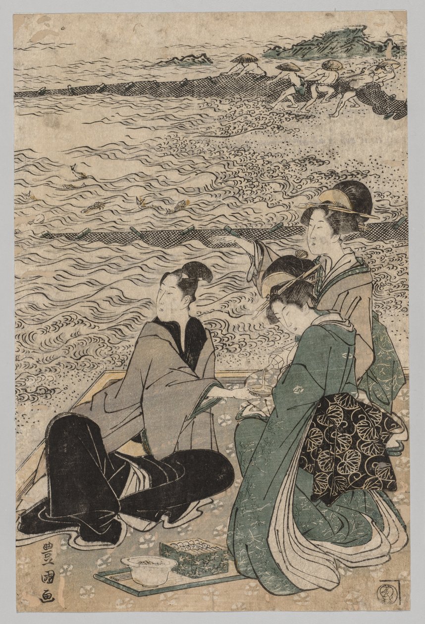 Mann og to kvinner ved kysten, 1769-1825. av Utagawa Toyokuni