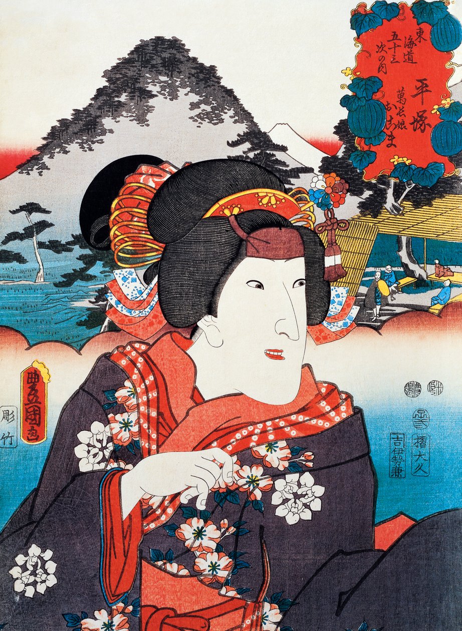 Portrett av Kabuki teaterskuespillerinne, ukiyo-e kunsttrykk av Utagawa Toyokuni (1769-1825), tresnitt, japansk sivilisasjon, Edo-perioden av Utagawa Toyokuni