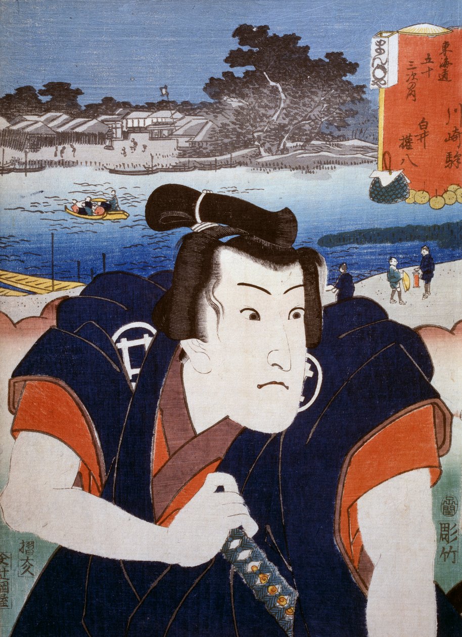 Portrett av en Kabuki teaterskuespiller, ukiyo-e kunsttrykk av Utagawa Toyokuni (1769–1825), tresnitt. Japansk sivilisasjon, Edo-perioden av Utagawa Toyokuni