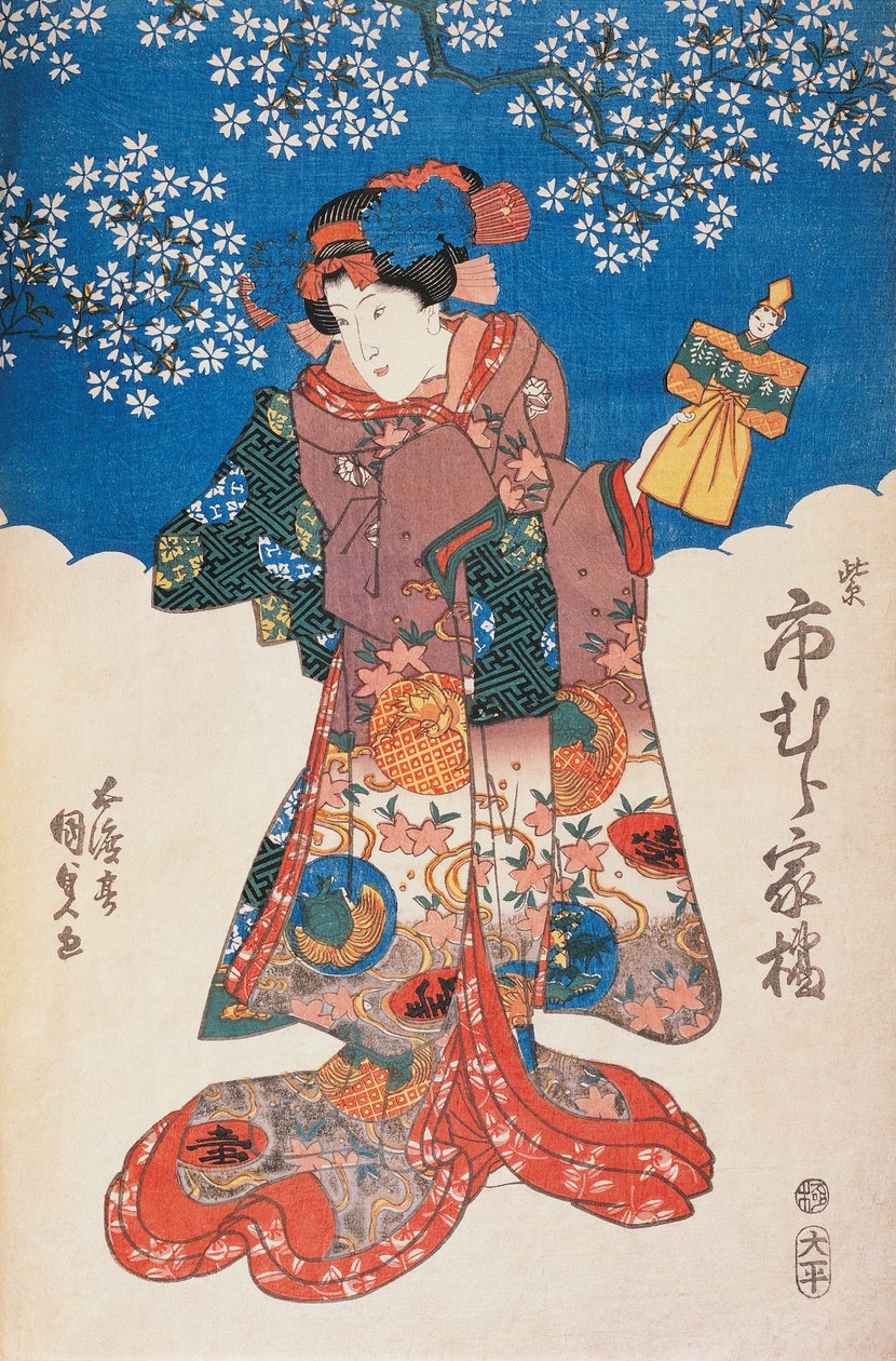Kvinne i kimono med dukke og bakgrunn dekorert med epleblomster, av Utagawa Toyokuni, tresnitt av Utagawa Toyokuni