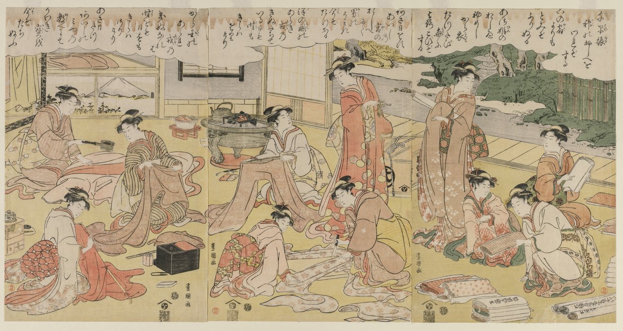 Kvinner som lager klær av Utagawa Toyokuni