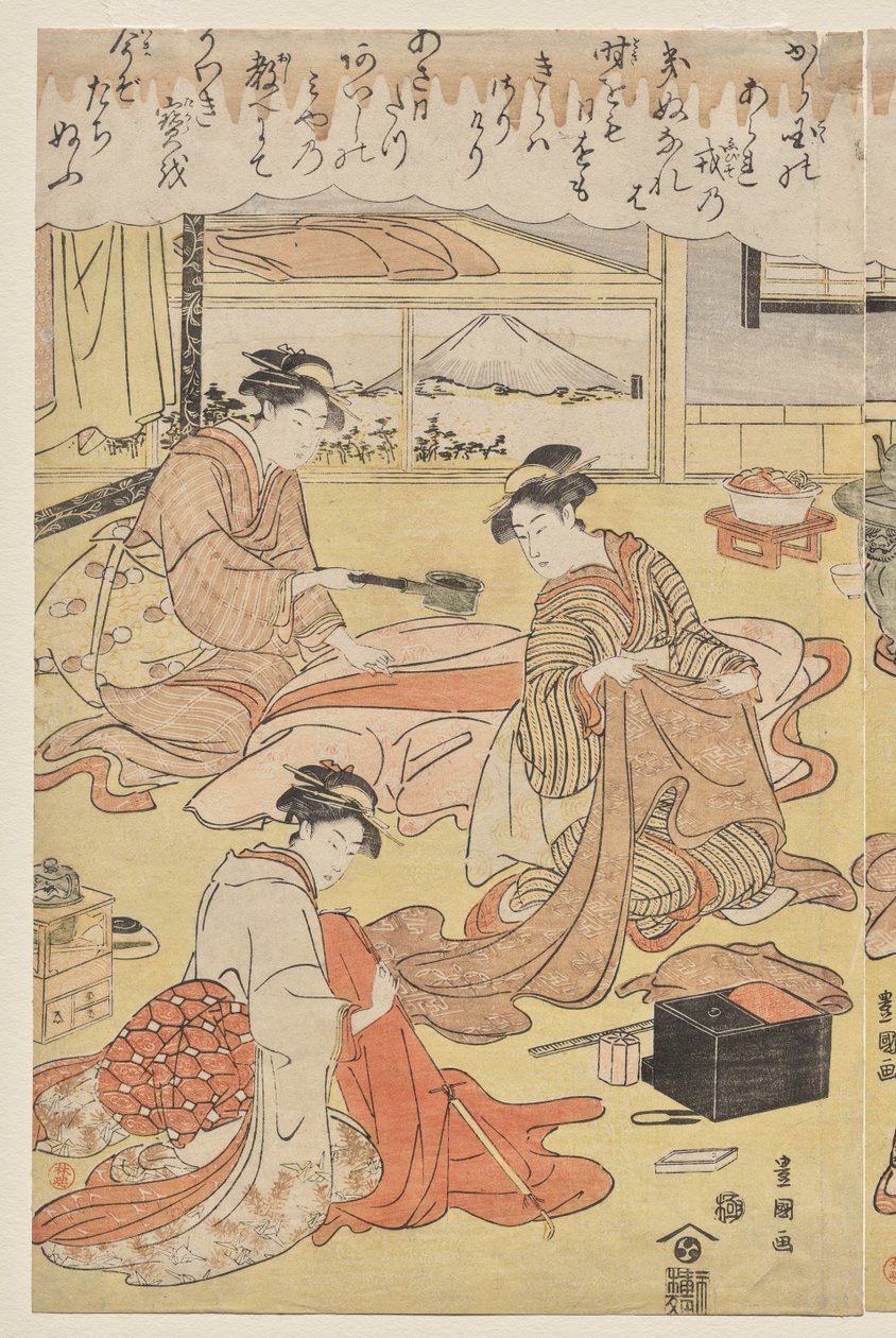Kvinner som lager klær av Utagawa Toyokuni