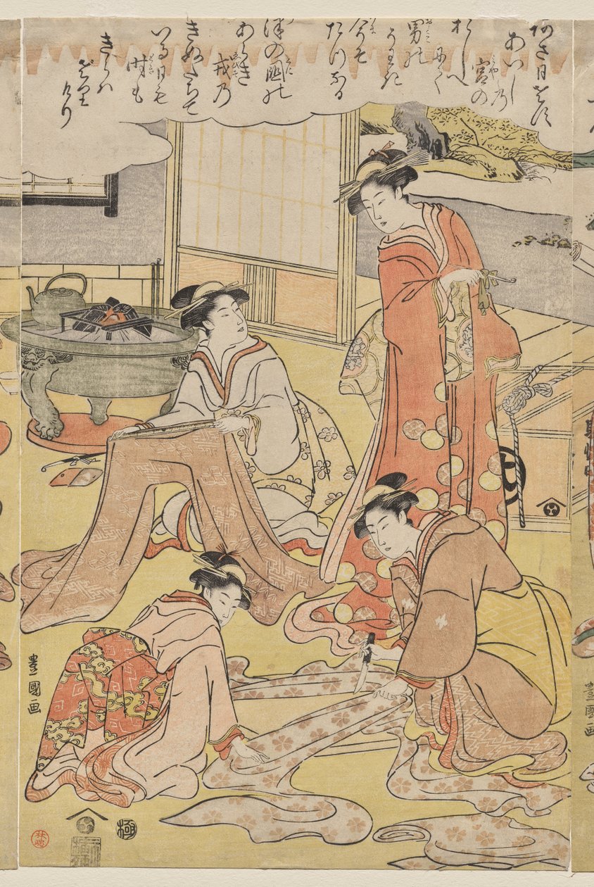 Kvinner som lager klær av Utagawa Toyokuni