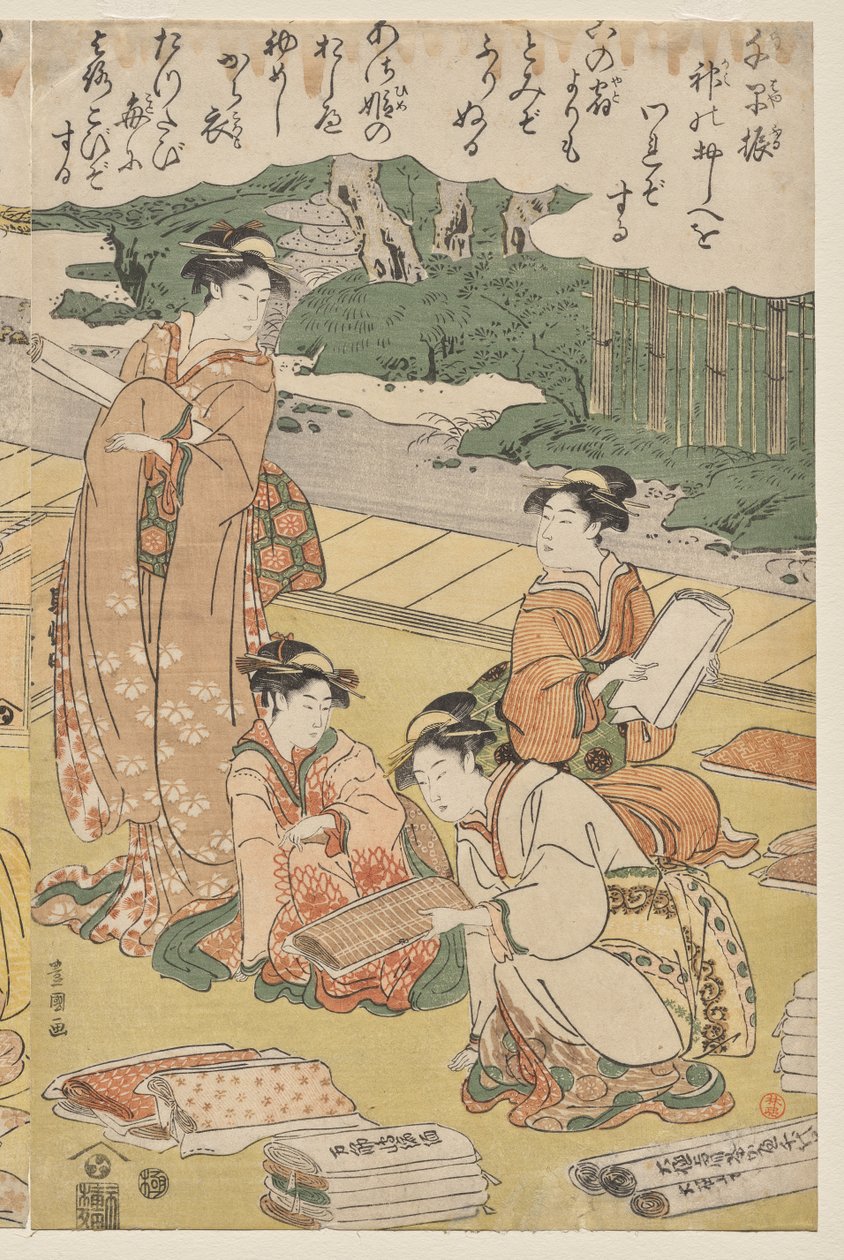 Kvinner som lager klær av Utagawa Toyokuni
