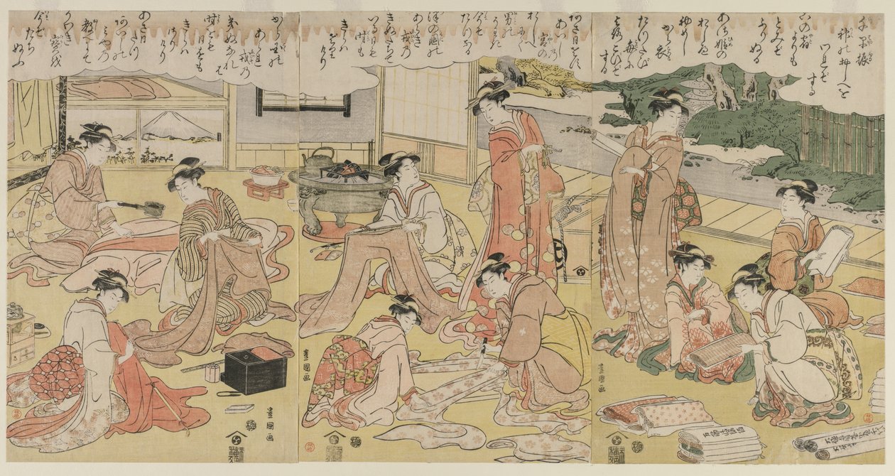 Kvinner som lager klær, tidlig på 1790-tallet. av Utagawa Toyokuni
