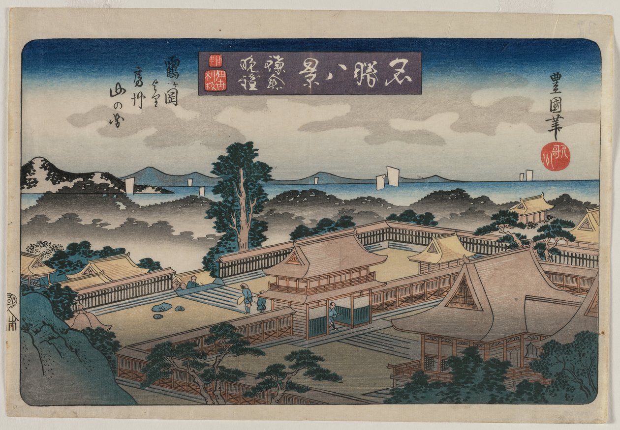 Åtte utsikt over kjente steder: Aftenklokke i Kamakura: Fjellene i Awa-provinsen fra Hachiman-helligdommen i Tsurugaoka av Utagawa Toyokuni II