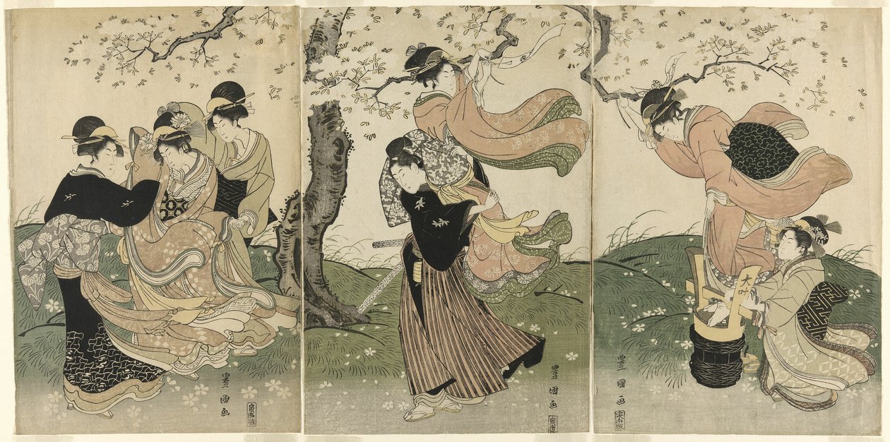 En vindfull dag under kirsebærtrærne av Utagawa Toyokuni I