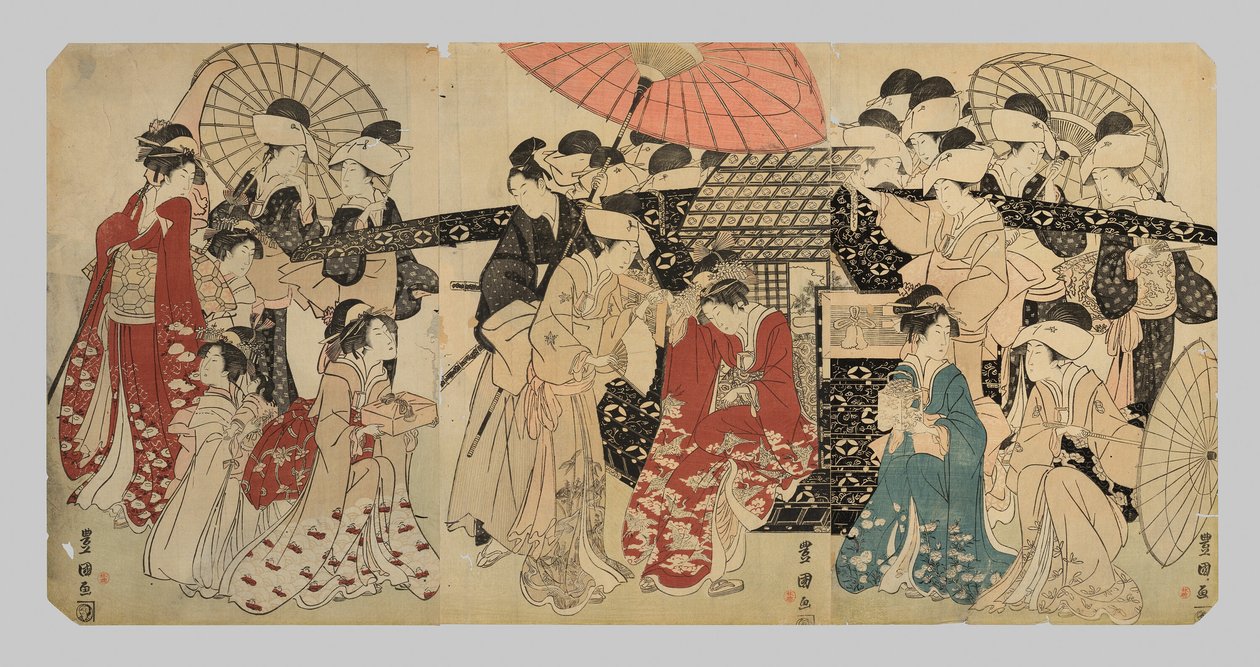 En prinsesse som reiser sammen med sine ledsagere, stammer fra en palankin av Utagawa Toyokuni I
