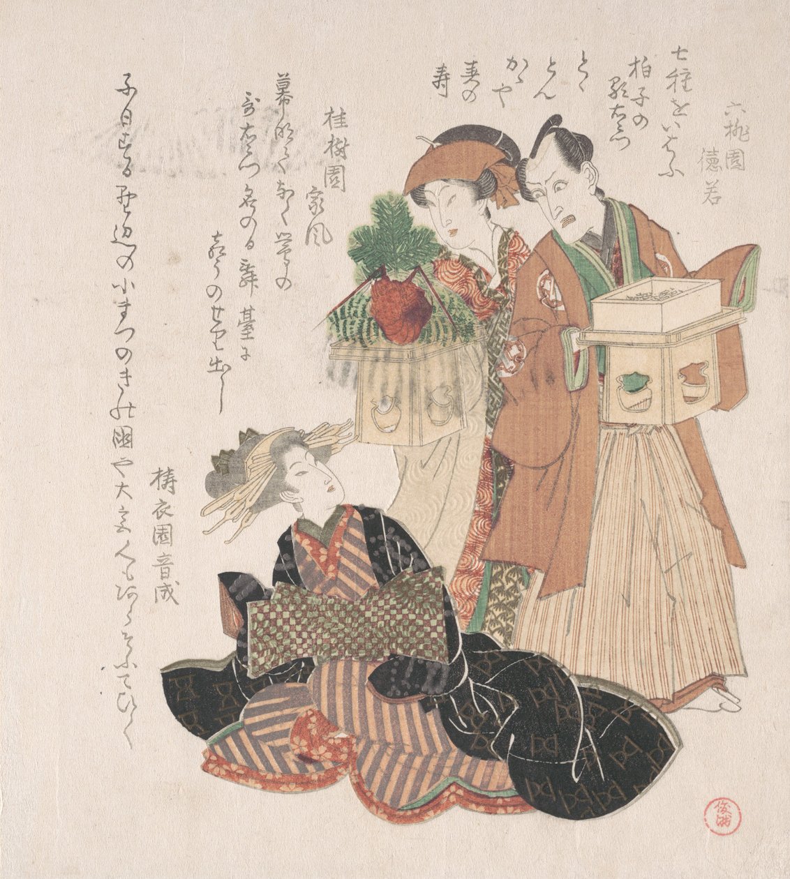 Skuespiller Nakamura Utaemon med to kvinner som forbereder seg til nyttårsseremonien, 1800-tallet. av Utagawa Toyokuni I