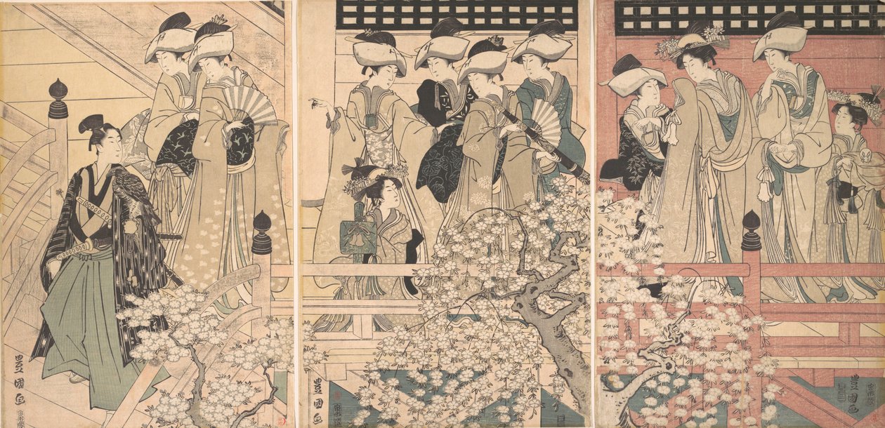 Skjønnheter på en veranda blant kirsebærblomster som en samurai drar fra, ca. 1800. av Utagawa Toyokuni I