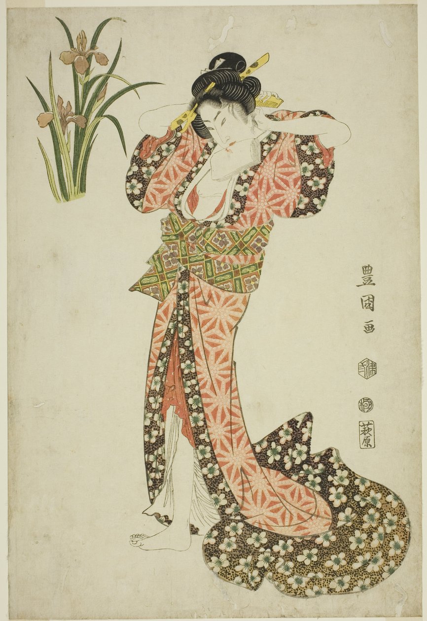 Iriser: skjønnhetsarrangerende hår, fra en serie med skjønnheter og blomster uten tittel av Utagawa Toyokuni I