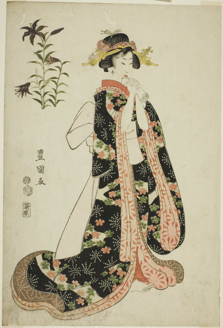 Liljer: ung kvinne som holder et brev, fra en serie med skjønnheter og blomster uten tittel av Utagawa Toyokuni I