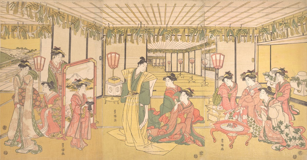 Nyttårsfeiring i et stort herskapshus, ca. 1791. av Utagawa Toyokuni I