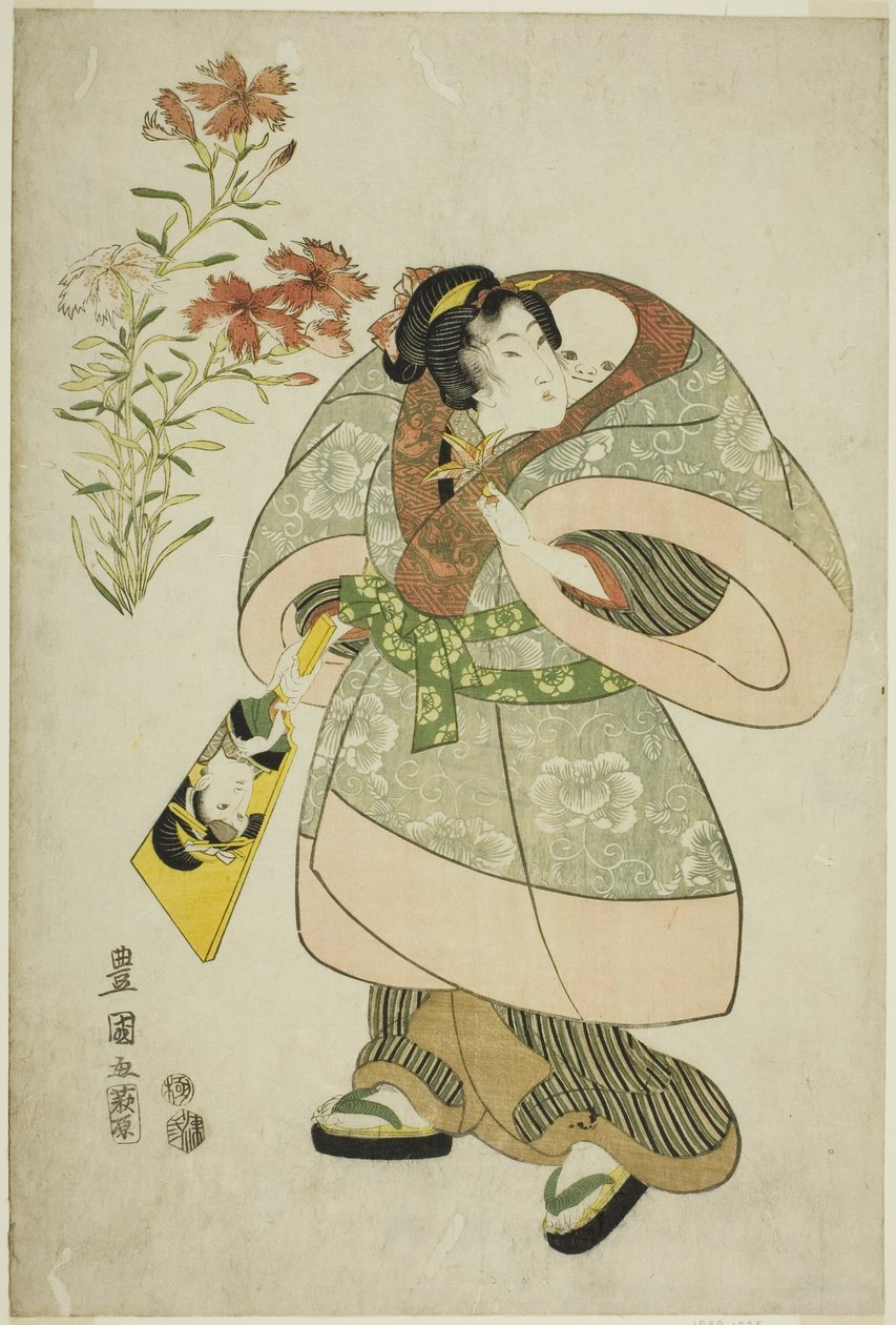 Pinks: sykepleier og baby, fra en serie med skjønnheter og blomster uten tittel av Utagawa Toyokuni I