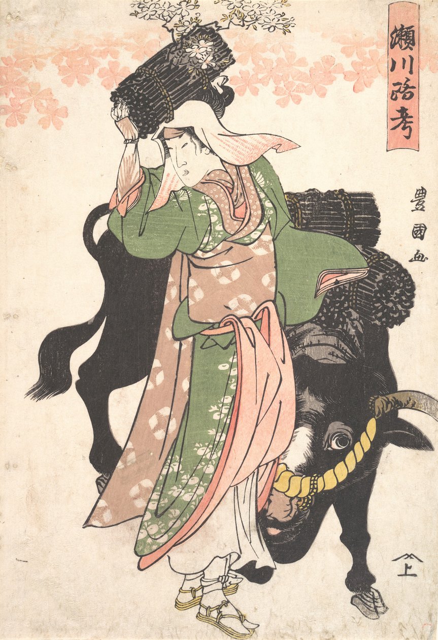Skuespilleren Segawa Roko som Woodseller Ohara Leading an Ox, ca. 1810. av Utagawa Toyokuni I