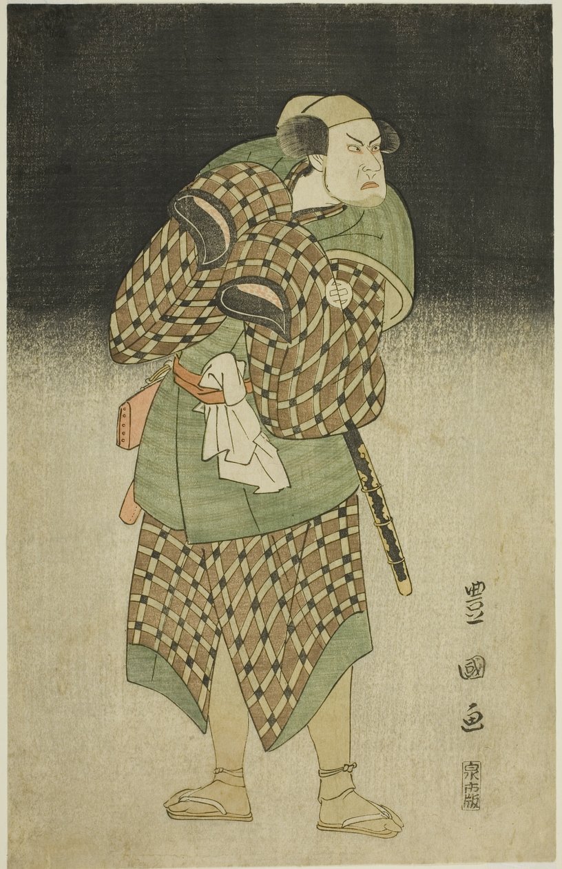 Skuespilleren Kataoka Nizaemon VII som Iyo no Taro forkledd som Bantaro i stykket "Seiwa Nidai Oyose Genji," fremførte på Miyako Theatre i den ellevte måneden, av Utagawa Toyokuni I
