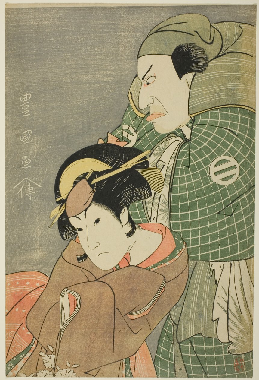 Skuespillerne Kataoka Nizaemon VII som Iyo no Taro og Iwai Hanshiro IV som Kojoro-gitsune fra Okazaki i stykket "Seiwa Nidai Oyose Genji," opptrådte på Miyako Theatre i den ellevte måneden, 1796 av Utagawa Toyokuni I
