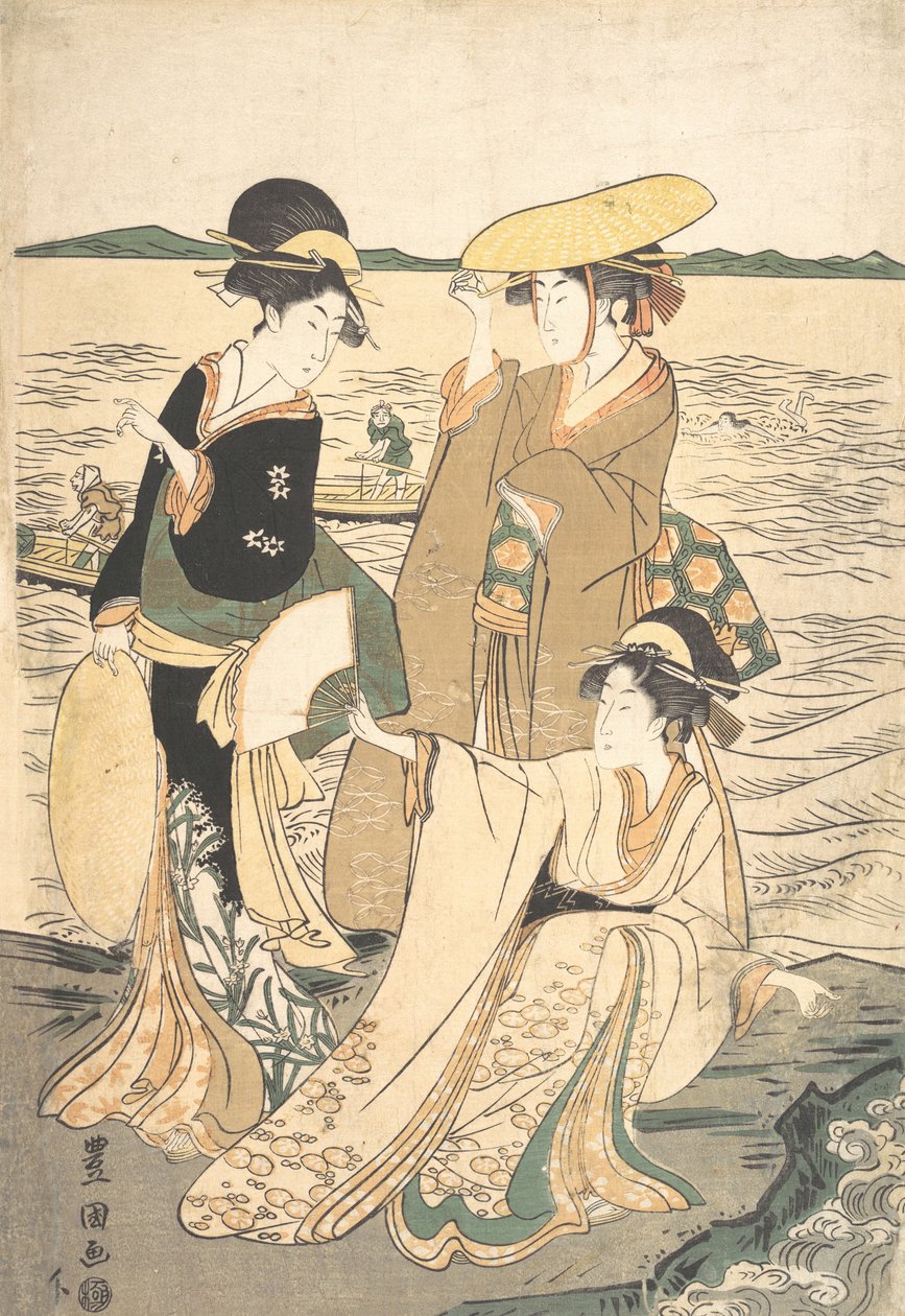 Tre unge damer ved kysten. av Utagawa Toyokuni I