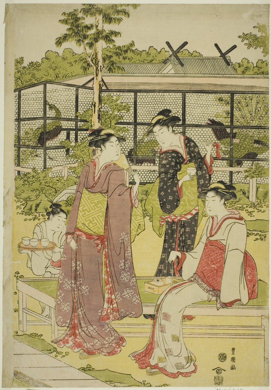 Kvinner besøker fugle- og blomstertehuset (Kachojaya) av Utagawa Toyokuni I