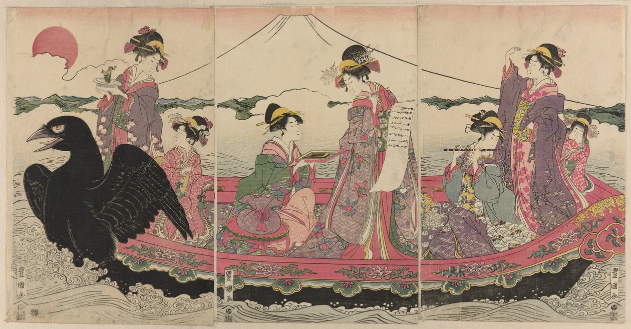 Kvinner på en båt ved nyttår imiterer de syv lykkegudene av Utagawa Toyokuni I