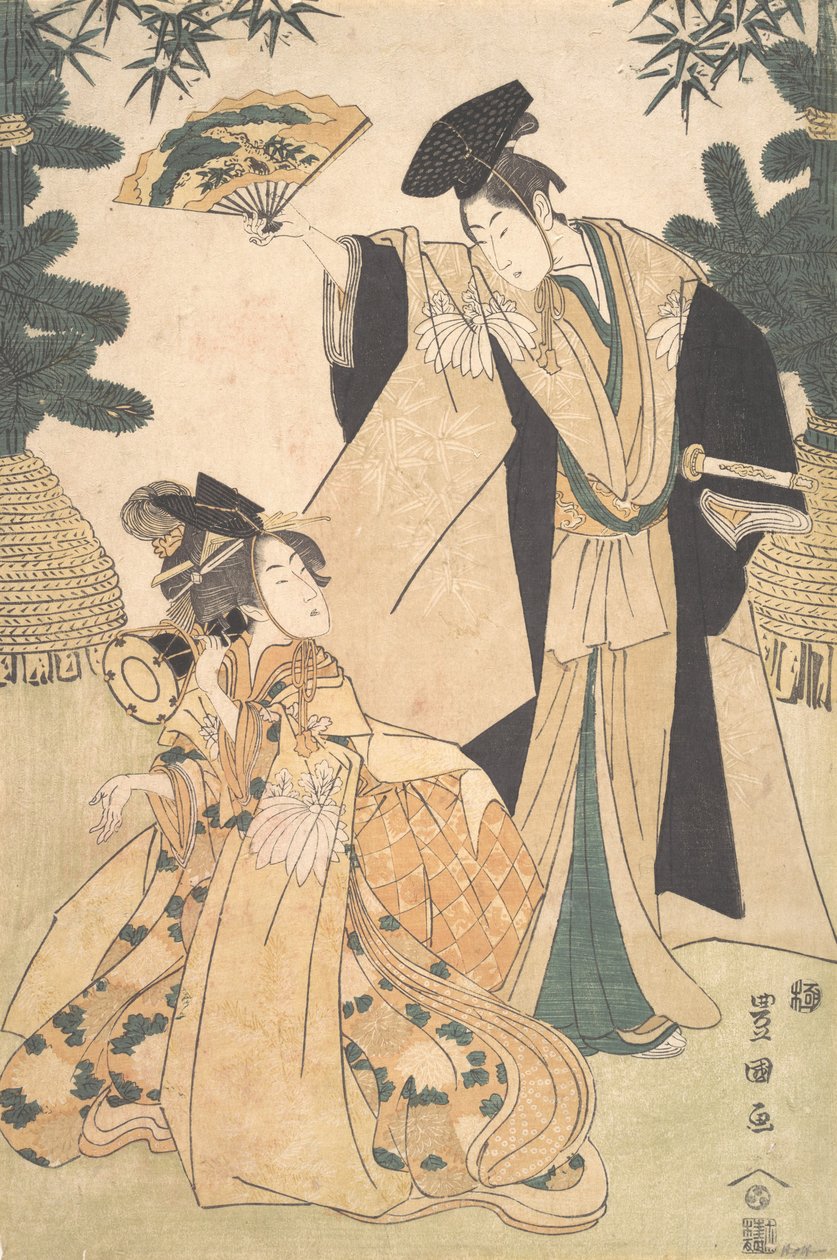 Ung dame med tromme og mann med fan som hilser henne. av Utagawa Toyokuni I