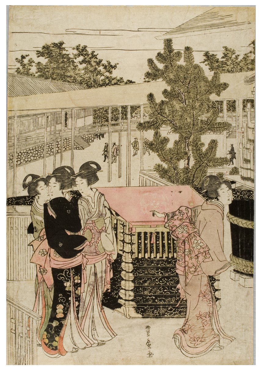 Nyttårs pilegrimsreise til Myohoji i Horinouchi, Edo, ca. 1804-1810 (treblokk på papir) av Utagawa and Toyokuni Utagawa Toyohiro