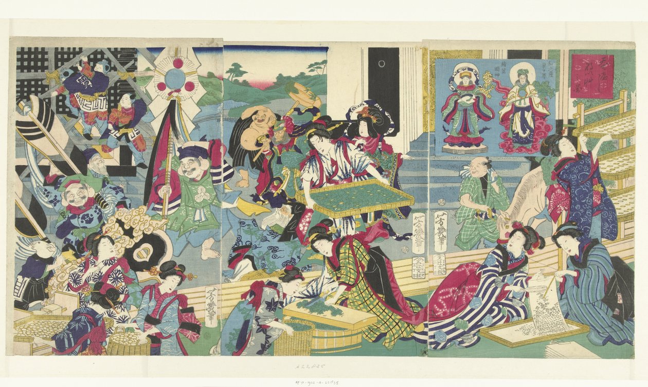 De syv lykkegudene i silkeormeavl av Utagawa Yoshiiku