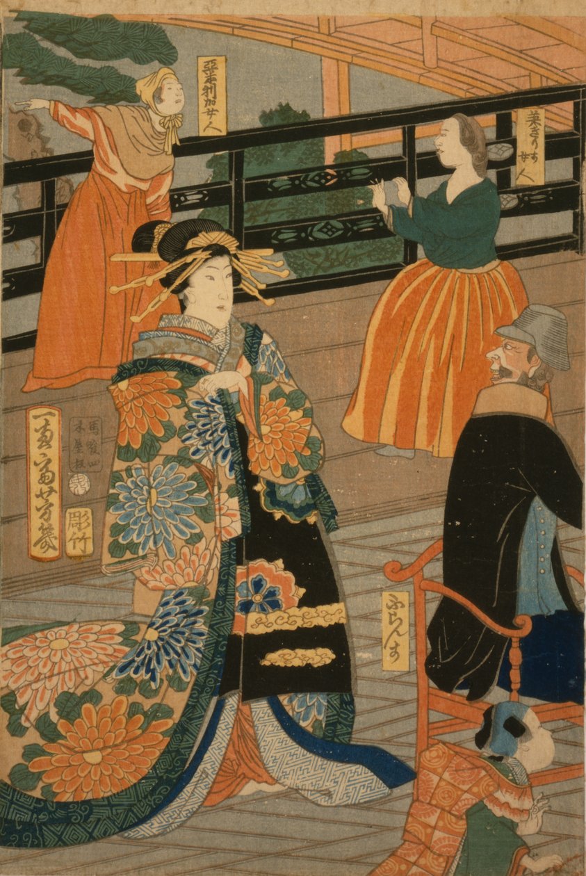 Besøkende fra flere nasjoner nyter en fest i Fan Room of the Gankir?, 1860 av Utagawa Yoshiiku