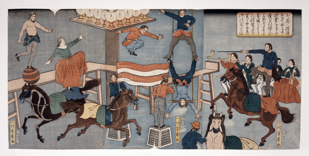 Utenlandsk sirkus i Yokohama, pub. (1864 (håndfarget tresnitt) av Utagawa Yoshikazu