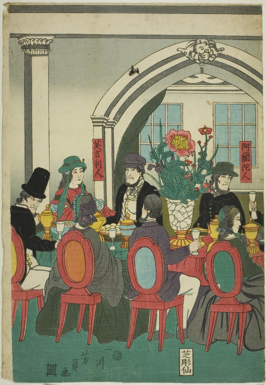 Utlendinger fra fem nasjoner på en bankett (Gokakoku ijin shuen no zu) av Utagawa Yoshikazu