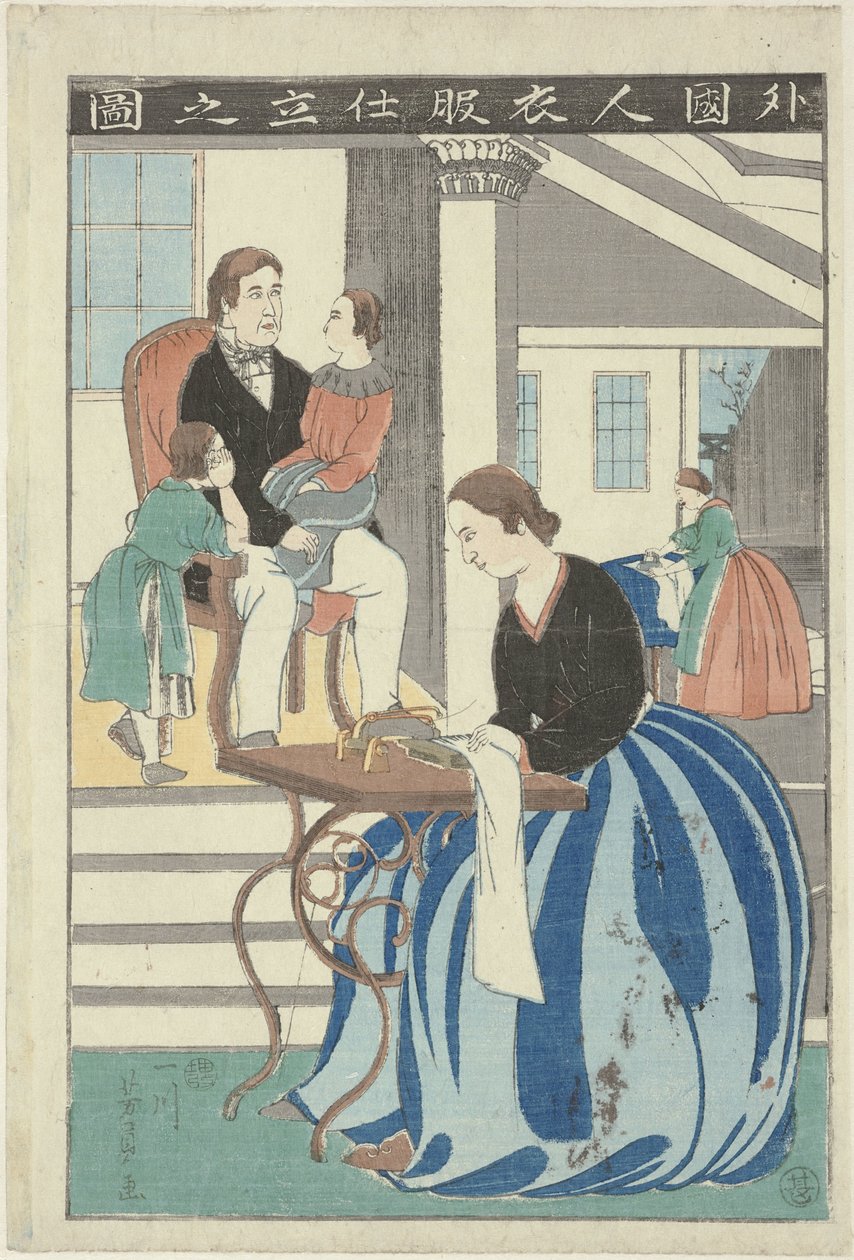 Vestlig kvinne bak en symaskin Gaikokujin ifuku shitate no zu (tittel på objekt) Bilde av en utlending som lager klær av Utagawa Yoshikazu