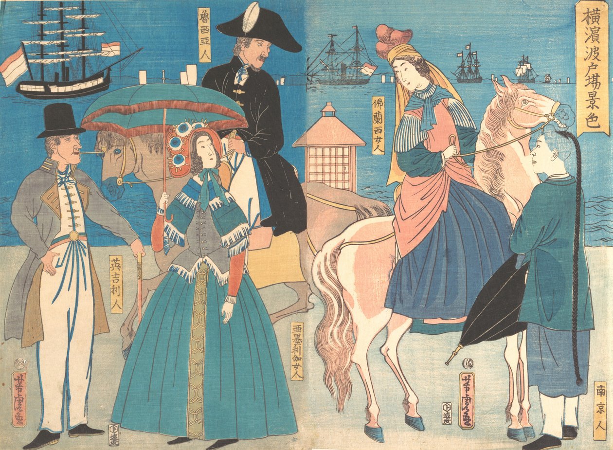 En utsikt over bryggene i Yokohama, 2. måned, 1861. av Utagawa Yoshitora