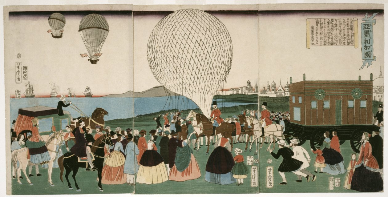 Ballongtur i Amerika, pub. 1865 (håndfarget tresnitt) av Utagawa Yoshitora