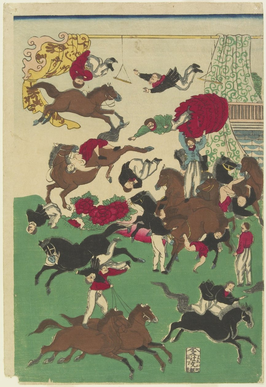 Circus Stunts, 1800-tallet (farget treblokktrykk) av Utagawa Yoshitora