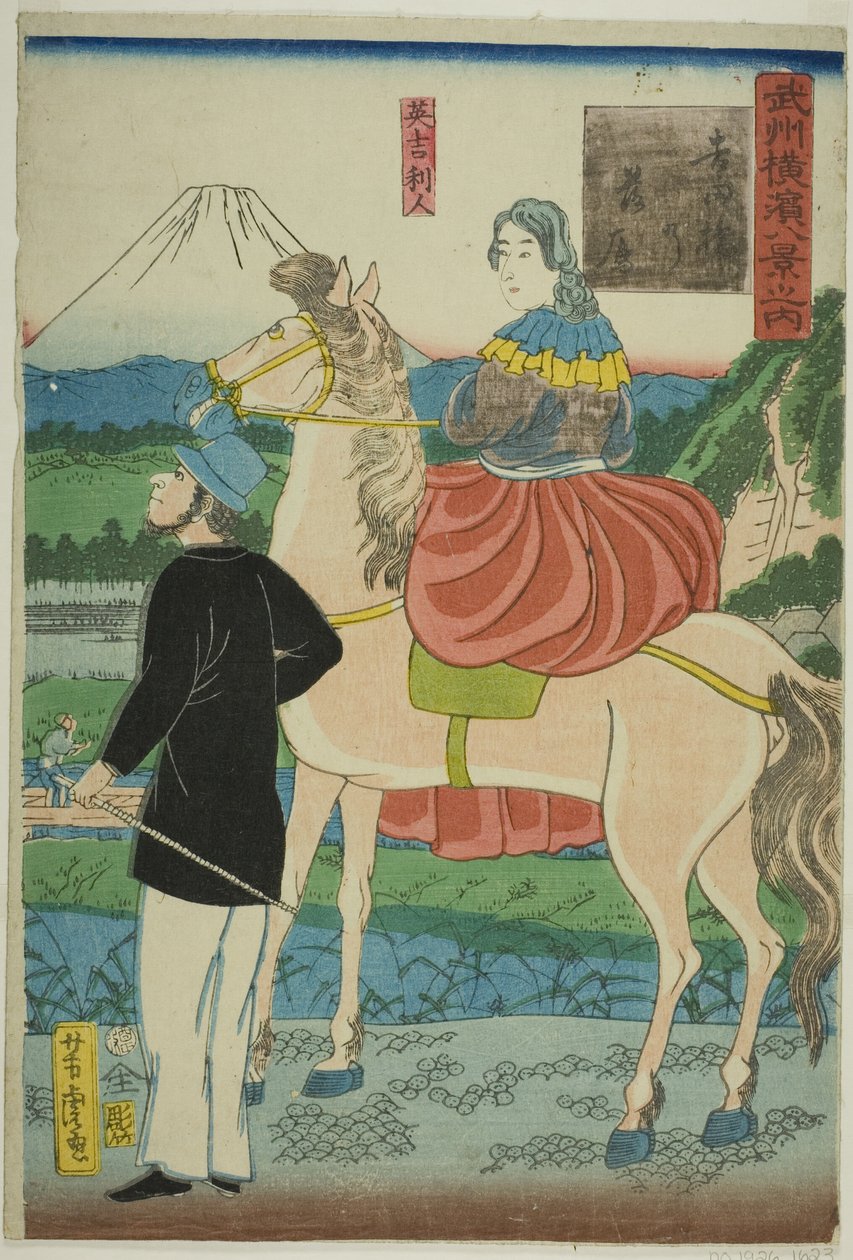 English Watching Descending Geese at Yoshida Bridge (Yoshida-bashi no rakugan, Igirisujin) , fra serien "Eight Views of Yokohama in Musashino Province (Bushu Yokohama hakkei no uchi)" av Utagawa Yoshitora