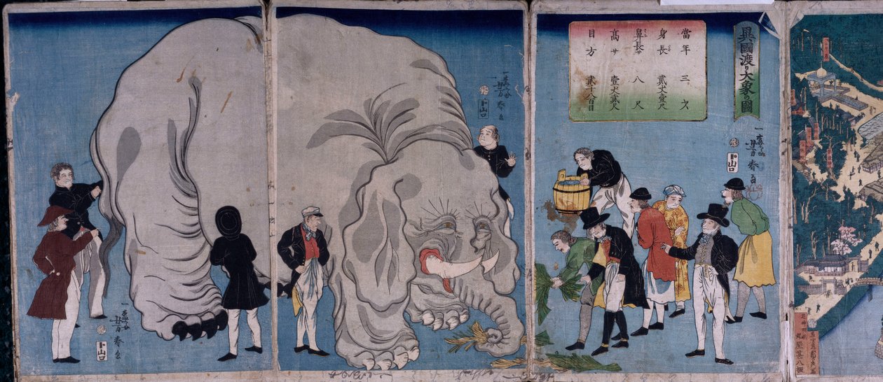 Utlendinger med en elefant (farget treblokktrykk) av Utagawa Yoshitora