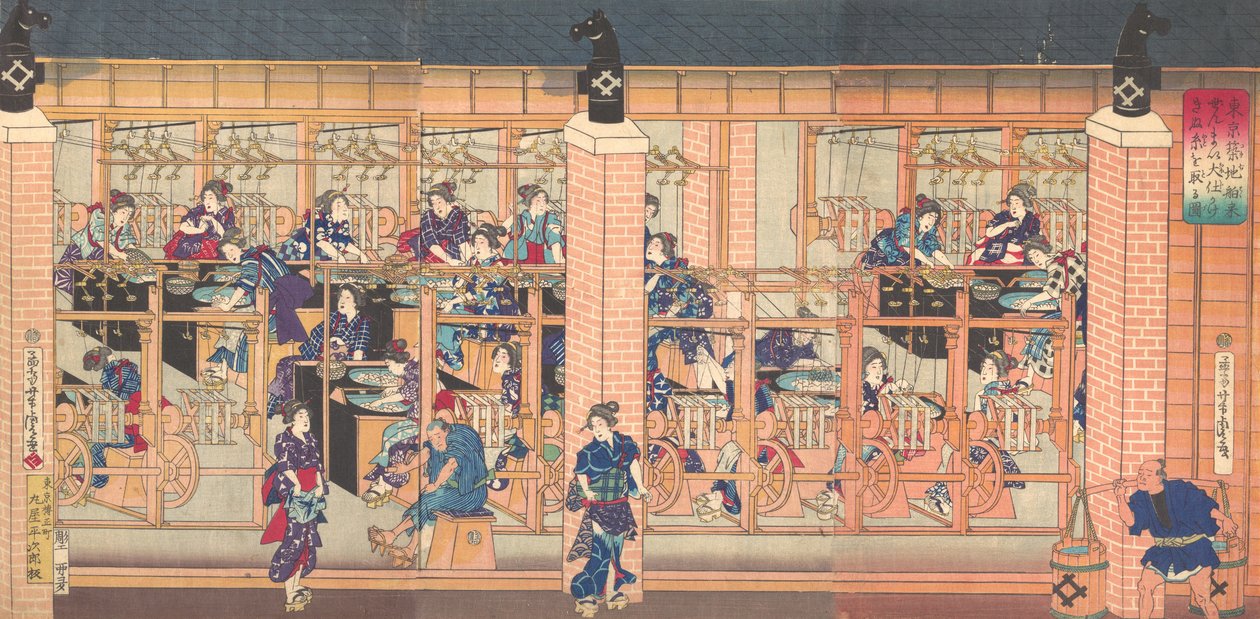 Importert silkeopprullingsmaskin i Tsukiji i Tokyo, 4. måned, 1872. av Utagawa Yoshitora