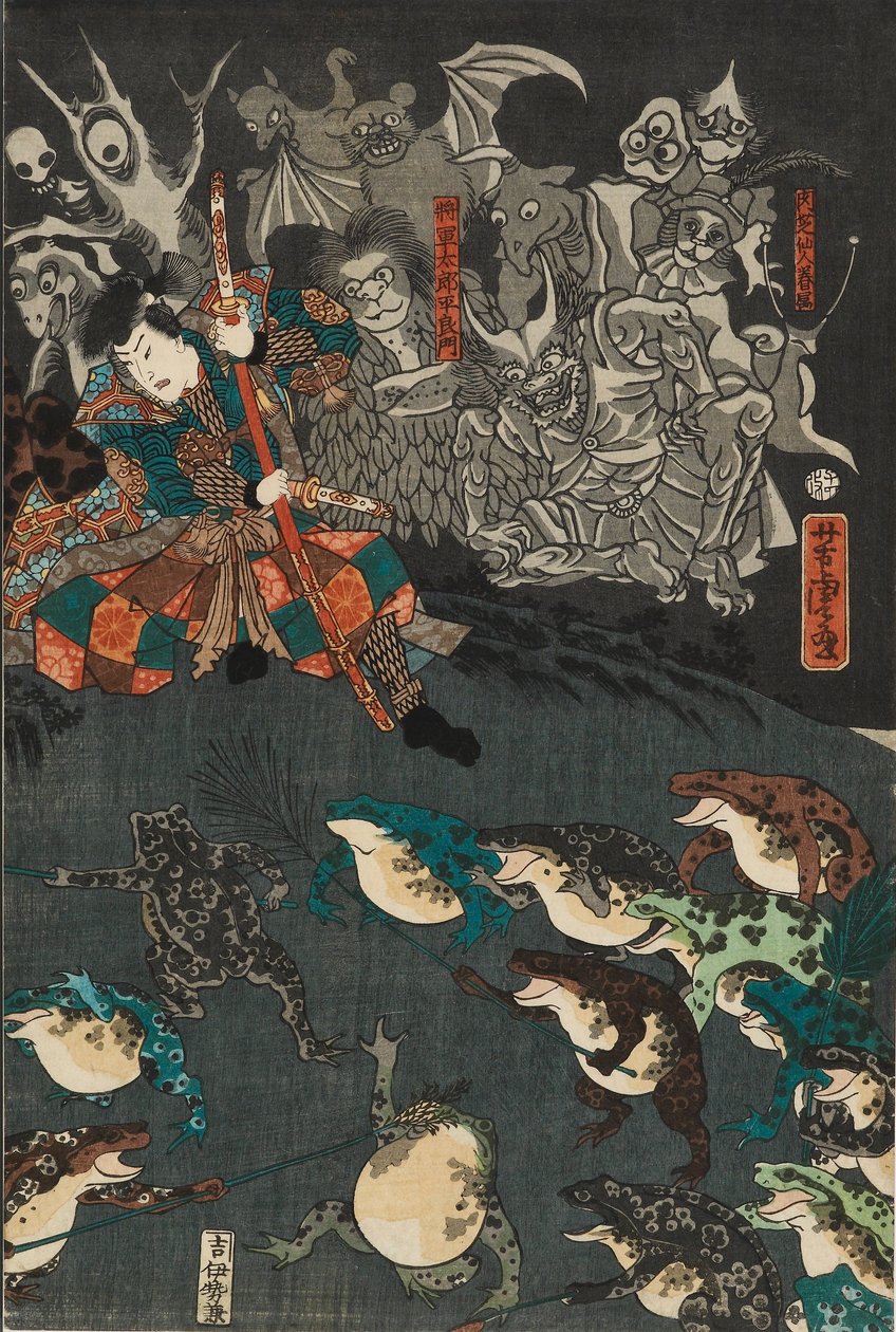 Froskeånden Nikushi tryller frem et magisk slag av frosker ved Tateyama i Etchu-provinsen, 1864 av Utagawa Yoshitora