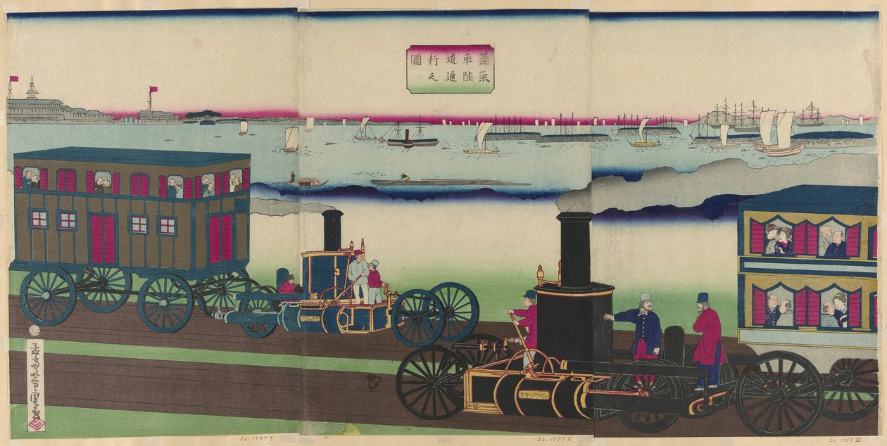 Bilde av damplokomotiver som reiser (Jokisha rikudo tsuko no zu) av Utagawa Yoshitora