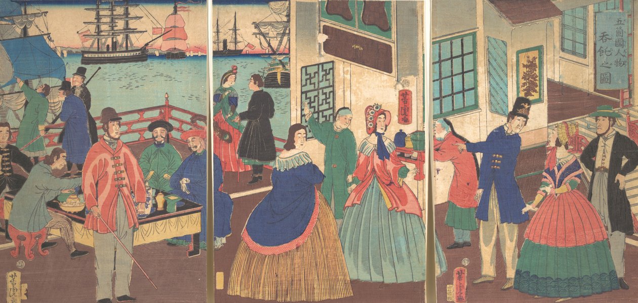Visning av å spise og drikke av mennesker i fem land, 1861, 12. måned. av Utagawa Yoshitora