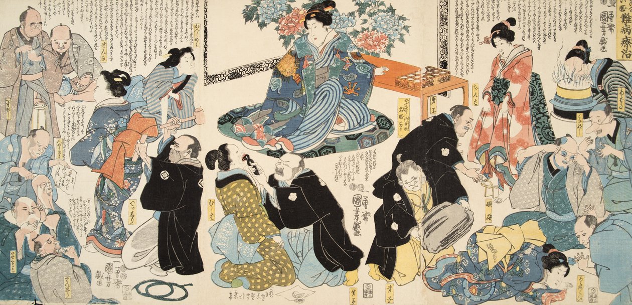 Scene fra Genji monogatari (Tale of Genji) av Murasaki Shibuku (f. 978) ca. 1860 (treblokktrykk i farger) av Utagawa and Toyokuni Kuniyoshi