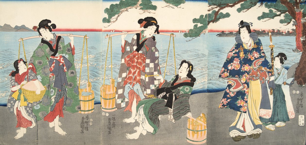 Scene fra Genji monogatari (Tale of Genji) av Murasaki Shibuku (f. 978) ca. 1860 (treblokktrykk i farger) av Utagawa and Toyokuni Kuniyoshi