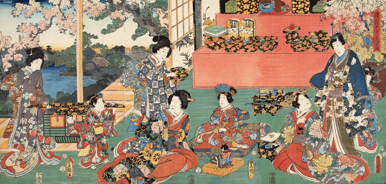 Scene fra Genji monogatari (Tale of Genji) av Murasaki Shibuku (f. 978) ca. 1860 (treblokktrykk i farger) av Utagawa and Toyokuni Kuniyoshi