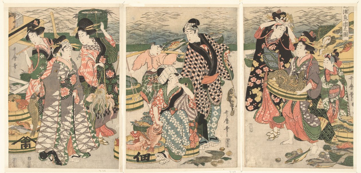 Utsikt over fiskemarkedet på stranden i Shiba [Shiba] no ura uoichi no zu (tittel på objekt) av Utamaro (II) , Kitagawa