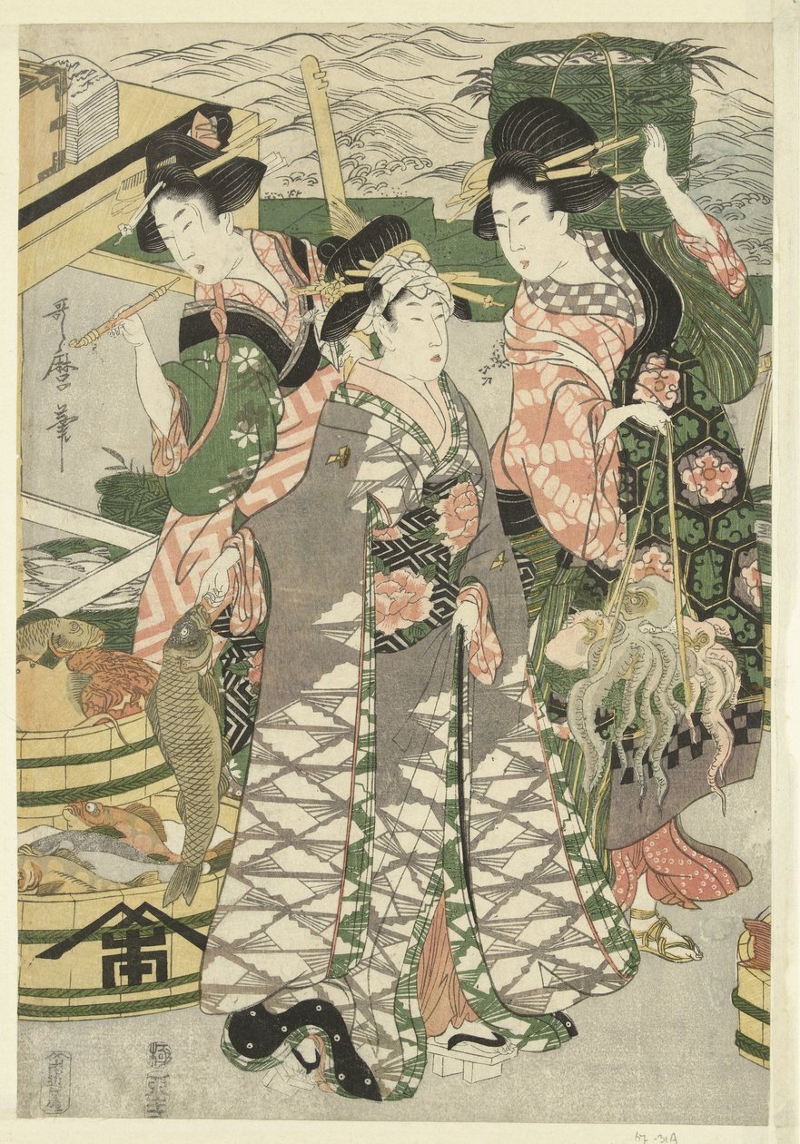 Utsikt over fiskemarkedet på stranden i Shiba [Shiba] no ura uoichi no zu av Utamaro (II) , Kitagawa