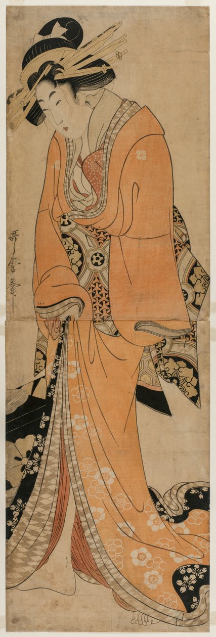 Geisha står ved siden av en Shamisen-sak, ca. 1810. av Utamaro II