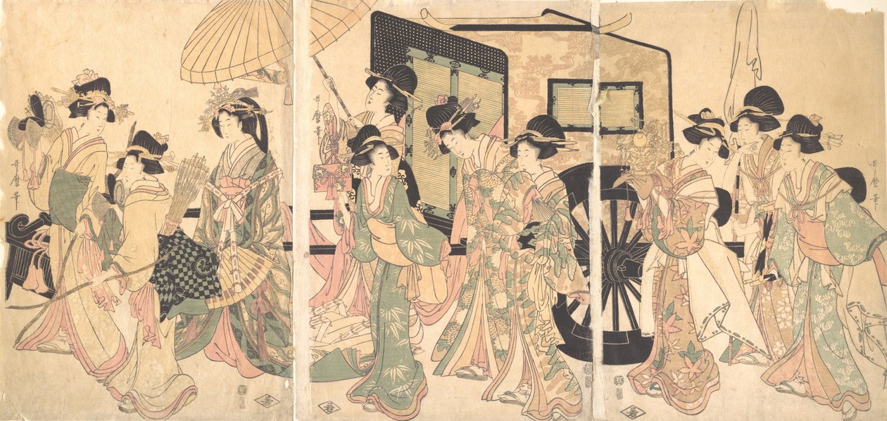 Damer som omgir en vogn. av Utamaro II